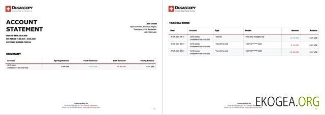 Suisse Dukascopy Bank Relevé de compte Modèle Word et PDF, 2 pages